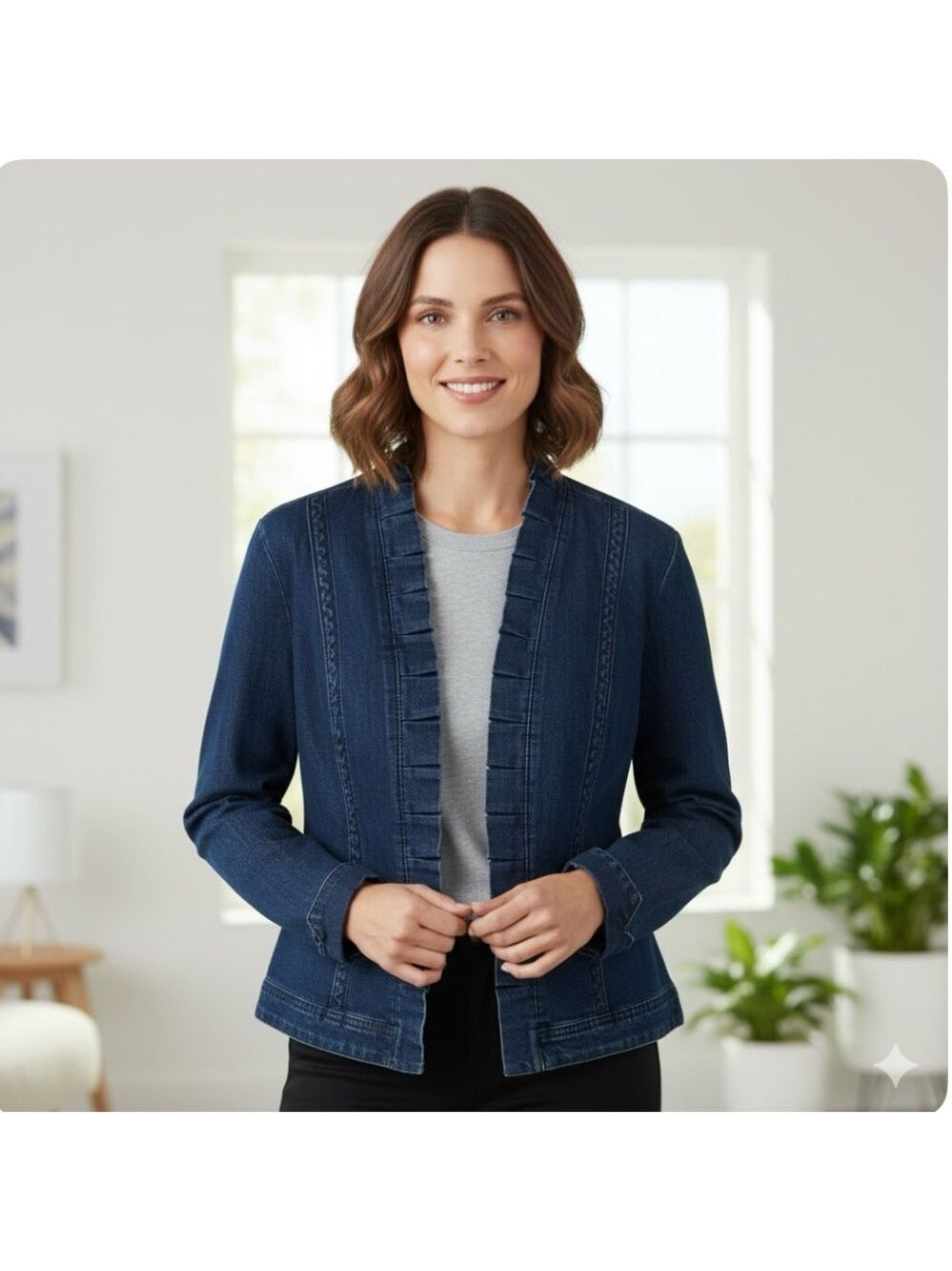 CHRISTIANA ZINN Cotton Blend Denim Jacket Ruffle Detail Turn Up Cuffs Sz 24W